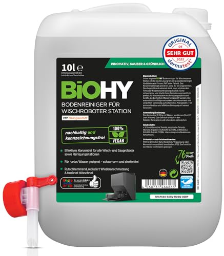 BiOHY Nettoyeur de sol pour robot laveur Station avec parfum orange (bidon de 10 litres) + robinet d'écoulement | Nettoyant concentré pour tous les nettoyeurs et robots aspirateurs avec fonction