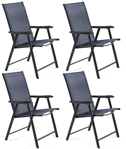 Yaheetech 4er Set Gartenstühle, Hochlehner Klappstühle Terrassenstühle mit Rückenlehne & Armlehnen, Klappbare Outdoor-Stühle Essstühle bis 150 kg Belastbar Marineblau