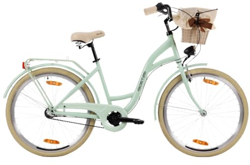 Goetze Style Damen Citybike 26 Zoll, Retro Fahrrad mit 3-Gang | 17-Zoll-Tiefeinsteiger mit Rücktrittbremse & V-Brake, LED-Beleuchtung, Rattankorb, Gepäckträger, Ständer & Klingel