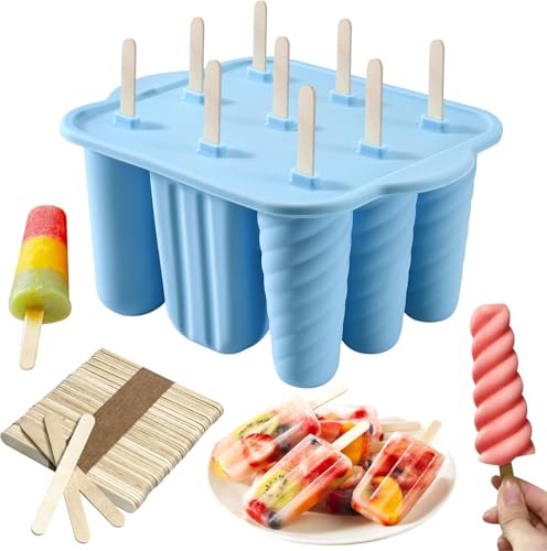 9 Cavity Popsicles Molds with 50pcs Wooden Sticks, Silicone Popsicle Mold, BPA Free Popsicle Maker Molds, Reusable Homemade Ice Pop Mold, Easy-Release Ice Cream Mold for Kids Adult DIY Ice Pops（Blue）