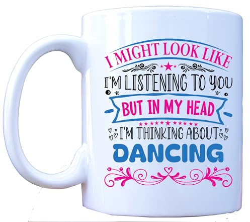 Millhouse Prints Thinking About Dancing” Mug – 11oz Ceramic Coffee Cup with Funny Dance Quote – Colorful Pink & Blue Design for Dancers, Performers & Movement Lovers