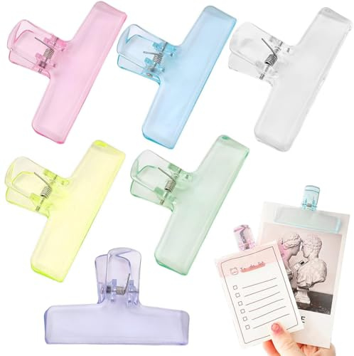 RuiChy Lot de 6 grands trombones transparents en plastique multicolore de 75 mm pour affiche, photo, lettre, sacs alimentaires, photos, maison, bureau