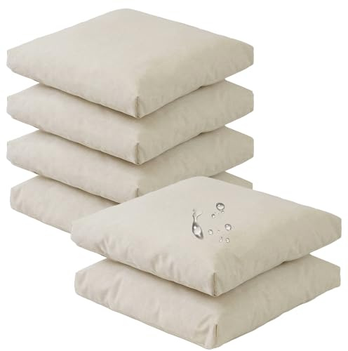 Viste tu hogar Pack 6 Cojines Silla Exterior 40x40cm, Tela Alta Densidad, 70% Algodón 30% Poliéster, Impermeables, Resistentes UV Y Desgarro, Lazos De Sujeción,Beige,Fabricado En España