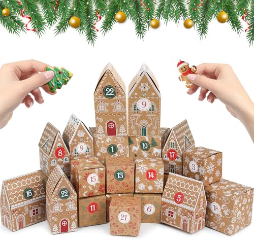 sulanmo Calendrier de l'Avent à remplir, 24 Boîtes Kraft Calendrier de l'Avent DIY avec Autocollants Chiffrés, Décoration Cadeau de Noël