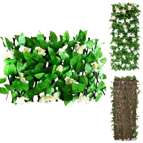 Siepe Finta per Recinzione Espandibile - Edera Artificiale con Fiori Finte per Privacy, Balcone, Patio, Esterni - Foglie Dense e Resistenti al Clima - Decoro Versatile (A, 1 pezzo)