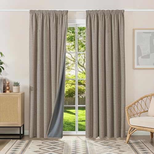Runyéla 100% Verdunklungsvorhänge Thermovorhänge Kälteschutz Gardinen mit Kräuselband 245 x 200 cm (HxB) 2er Set Leinenoptik Vorhänge Blickdicht Leinen, Schiebegardinen Wohnzimmer Curtain