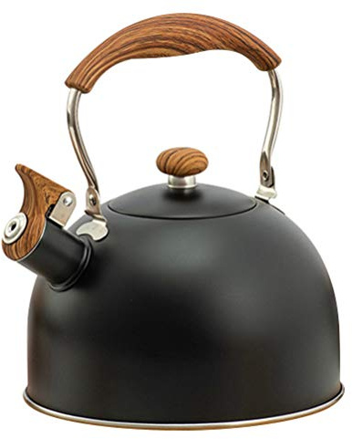 Bouilloires, théière sifflante, Bouilloire à Eau bouillante Rapide, Bouilloire de Cuisine avec Manche en Bois, pour Camping, hôtel, Restaurant, Noir (Taille Unique)