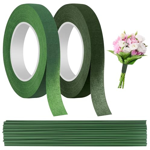 IETWATE 2 Stück Floristenkrepp Grün Wasserdicht Floristenband, Floristenkrepp Blumenband, Grün Floristendraht mit 30cm Blumendraht, für Bouquet Blumen DIY Kunsthandwerk (27m/Rolle)