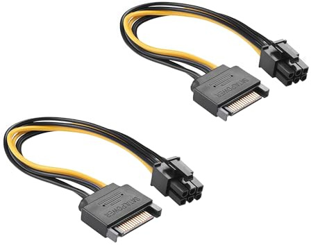 AURUM Cable de alimentación SATA de 15 pines a 6 pines, paquete de 2 adaptadores pcie sata – 20 cm cable SATA para tarjeta gráfica, alimentación estable al actualizar PC