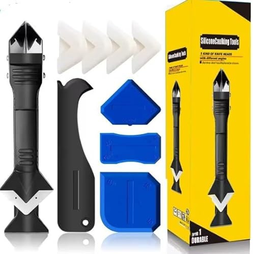 Professional 5-in-1 Silicone Caulk Tool Set, 10 Piece Kit with Black Scrapers, Blue Finishing Tools for Grout and Sealant Removal, Ergonomic Grip