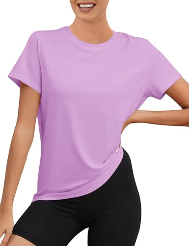Rapbin Maglietta sportiva da donna a maniche corte, UPF 50+, basic, leggera, traspirante, asciutta, funzionale, sportiva, da donna, girocollo, per fitness, corsa, yoga, viola chiaro, M