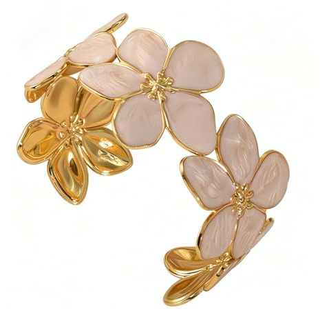 Hernin Bracelet Fleurs Femme Or, Acier Inoxydable Bracelet Ouvert, Parure Bijoux Ensemble Fleurs Glamour, Or Parure de Fleurs pour Femmes Filles (blanc)