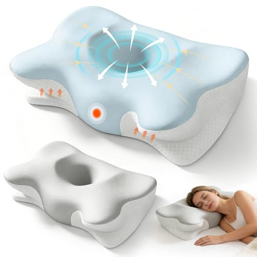 Memory Foam Pillow, Ergonomic Orthopedic Pillow for Neck and Shoulder, Neck Support Pillow for Back, Side, Stomach Sleepers ,Cooling Cervical Pillow with 2 Removable Cover, 2 Adjustable Height