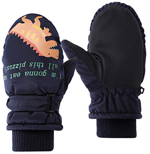 Qchomee Kids Ski Gloves Waterproof Thermal Winter Snow Snowboard Mittens Warm Dinosaur Pattern Fleece Lined Gloves for Skiing Snowboarding Toddler Girls Boys Age 4-8 Years Old
