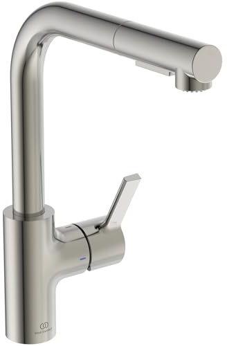 Ideal Standard – Gusto Mitigeur de cuisine, Bec rond en L, avec vaporisateur extractible et d'un double spray, bec pivotant à 360°, facile à installer avec la fixation EasyFix+, Silver Storm