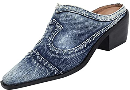 Sandaletter för kvinnor med knubbig klack, stängda spetsiga tåområden, pumps sandaler, denimtyg, ventilerande sandaletter, lätta, bekväma tofflor, mode, eleganta bohemiska tofflor, blå, 38 EU
