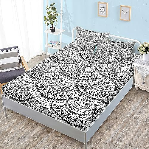 Bohemian King Size Fitted Sheets Fan Bed Sheets Deep Pocket 12 inch (30 cm) Soft Cozy 3 Piece Microfibre Bed Sheet 150x200 cm with 2 Pillowcases 50x75 cm