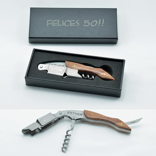 Sacacorchos Personalizado con Grabado Láser – Regalo para Hombre y Mujer, Cumpleaños y Jubilación – Abrebotellas Profesional para Camareros y Amantes del Vino con Opción Caja y Funda