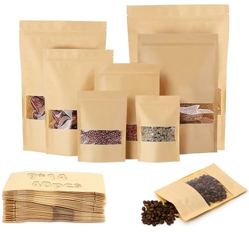 Ziamzra 40 Pièces Sachet Kraft Réutilisable 9X 14cm avec Fenêtre Transparente - Sac Alimentaire pour Nourriture, Noix, Grains de Café