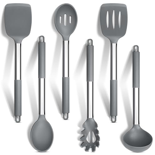 HaWare Kitchen Utensils Set of 6, Silicone Cooking Utensils with Stainless Steel Handle, Heat Resistant Kitchen Tools for Non-Stick Cookware, Ladle Turner Spoon Pasta Server, Dishwasher Safe-Grey