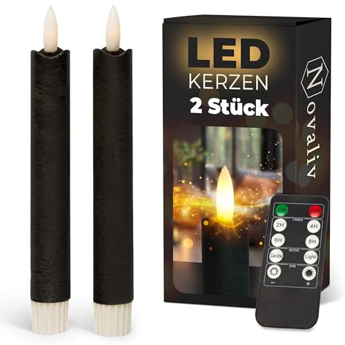 Stabkerzen LED mit Timer SCHWARZ 2er indoor mit Timer Funktion 6 Stunden ECHTWACHS 18cm Höhe für Kerzen 2,2cm Durchmesser 2 AAA Batterien notwendig LED Stabkerzen flackernde Flamme bewegliche Flamme