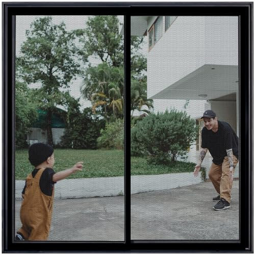 Fliegengitter für Fenster mit 120x120cm Schwarz Magnet Rahmen für Fliegengitter Fenster Mückengitter Insektenschutz Pollenschutz Mückenschutz Fenster