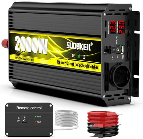 SUDOKEJI Wechselrichter 12v auf 230v Reiner Sinus 2000W KFZ Reine Sinuswelle Spannungswandler Umwandler-Inverter Konverter mit,EU-Steckdose & Fernbedienung,LCD Digital Anzeig Konverter für Wohnwagen