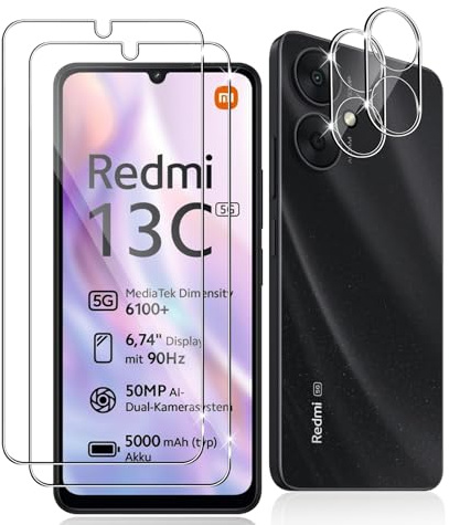 Datree 2 Piezas Protector de Pantalla para Xiaomi Redmi 13C 5G, con 2 Piezas Protector de Lente de Cámara,Dureza 9H Sin Burbujas, Alta Definicion,Anti-Arañazos Cristal Templado