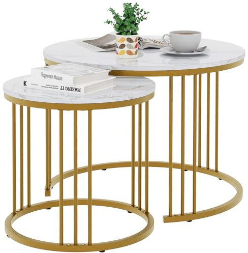 Couchtisch Rund, Satztisch 2er Set, Wohnzimmertisch, Couchtisch aus Holz, Beistelltisch Set, Sofatisch für Wohnzimmer, Schlafzimmer, Büro, Balkon, Gold Metallgestell und Weiß Marmor Tischplatte