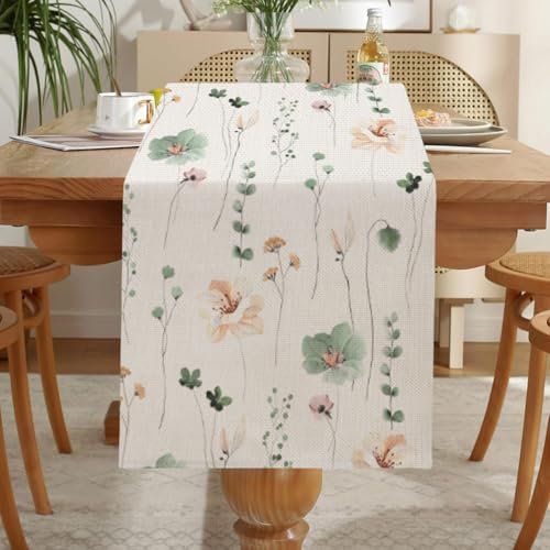LOZULO Modern Salbeigrün Pflanzen Blumen Frühling Tischläufer,Sommer Saisonnal Küche Tisch Dekoration Drinnen Urlaub Party Dekor,Table Runner Outdoor Abdichtung Table Runner 40x140 cm