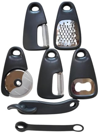 6-Piece Kitchen Gadget Set – Compact Camping Kitchen Tools with Grater, Julienne & Straight Peelers, Bottle Opener, Pizza Wheel & Tin Opener – Space-Saving Travel Set with Safety Covers
