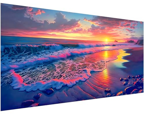 Ohhvvow 5D Sunset Beach Large Diamond Art Kit for Adults, 27.5x15.7 Inch Ocean Diamond Painting with Numbered Canvas, DIY Full Drill Gem Craft Kits, Relaxing Gift for Beginners & Nature Lovers