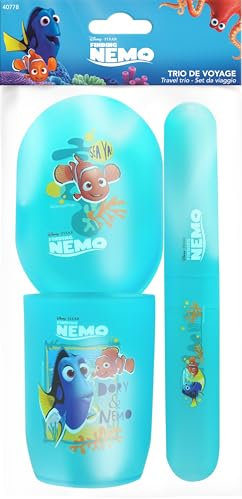 Disney Pixar - Trio de Voyage Nemo - Gobelet - Porte-Savon - Etui Brosse à Dents - Plastique Résistant - Hygiène Enfants - Produit Officiel