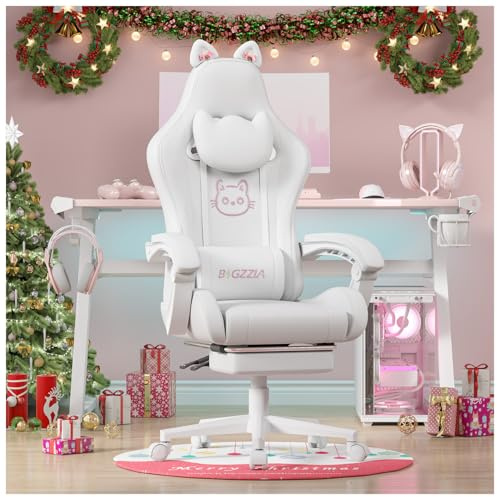 bigzzia Gaming Stuhl mit Massagefunktion und Fußstütze– Ergonomischer Gaming Chair für Mädchen & Erwachsene, Gamer Stuhl Kopf- & Lendenwirbelstütze mit Katzenohren (Reines Weiß)