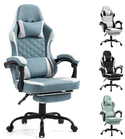 Gaming Chair with Footrest for Adults - Ergonomic Gaming Chairs with Foot Rest - Big and Tall Computer Game Chair - Fabric Reclining Video Game Chairs with Spring Cushion - Blue/Light Grey