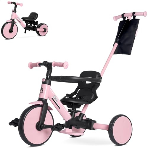 KRIDDO 7-in-1 Kinderdreirad für 1,5–5 Jahre, umwandelbares Baby-Dreirad mit Schubstange, Lenkdreirad & Laufrad, 3-Punkt-Gurt und Aufbewahrungstasche, für Jungen und Mädchen, Rosa