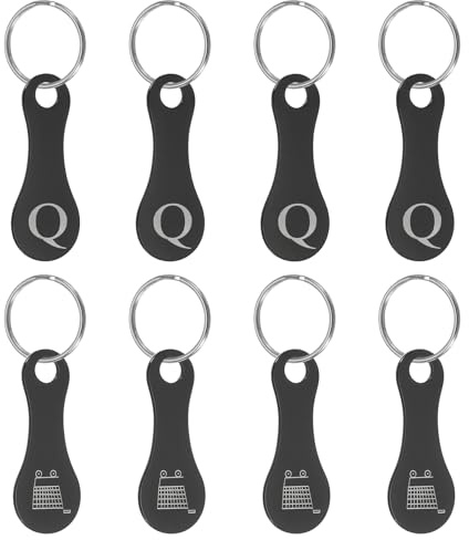 PATIKIL 8 Pcs Fichas de Acero Inoxidable para Carritos de Compra, Llavero Portamonedas al por Mayor para Supermercados, Negro, Grabado Letra Q y Diseño Carrito