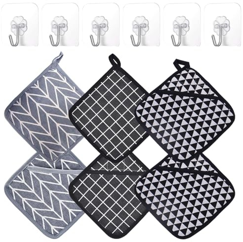 WhaleO 6 Stück Hitzebeständige Topflappen Set,mit Tasche Und Klebehaken,17x17 cm Waschbar und Trocknergeeignet,Topflappen Handschuh Schutz der Hände vor Heißen Gerätschaften,Schutzlappen für die Küche