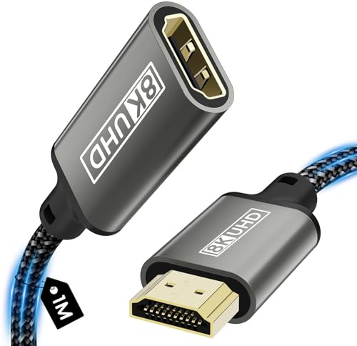Zestiq Cable Alargador HDMI, Cable Alargador HDMI 8K Macho a Hembra, 48 Gbps Velocidad Ultraalta, UHD HDR ARC 3D Compatible con TV Stick, Roku, Blu-Ray, Xbox, PS5, HDTV, Ordenador Portátil- 1 m