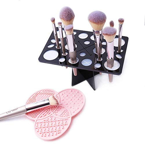 Diolan Makeup Brush Cleaning Mat & Drying Rack - 28 Holes Brush Holder, Silicone Rubber Clover Shaped Mat Cleaner - Black & Pink