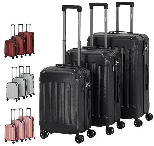 AREBOS Lot de 3 valises de Voyage I Coque Rigide en ABS I Set de valises à roulettes I Poignée télescopique I avec Fermeture éclair Roues à 360° I M-L-XL | Noir