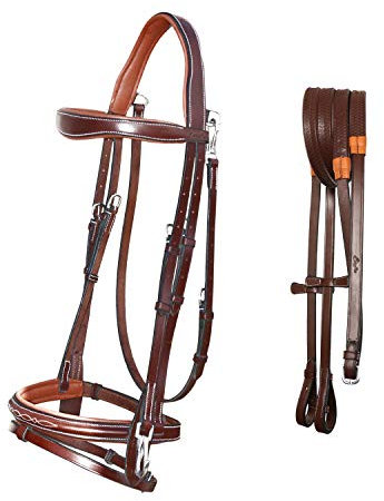 Exion Springzaum mit weichem Futter für Pferde mit Gummizügeln – Krone und Backenstück zum Aufstecken, gewelltes, gepolstertes Stirnband, erhöhtes Trensennasenband, (Oak Brown, Over)