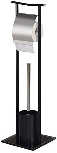 IDIMEX Porte-Papier Toilette ONA avec Brosse, dérouleur Papier WC, Support pour Papier Toilette en métal Noir et Socle en Verre trempé Noir