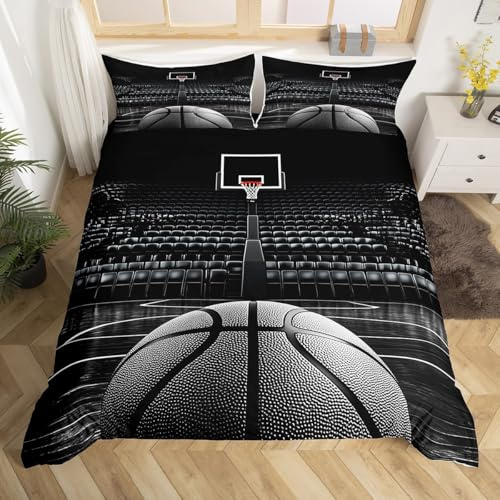 Boys Basketball Duvet Cover Black 3D Ball Pattern Sports Theme Bedding Set For Kids Teens Men Basketball Court Competitive Games Comforter Cover Ultra Soft Bedroom Decor Zipper Closure Queen Size