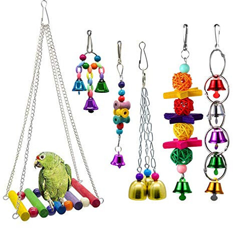 Ototon 6-teiliges Vogelspielzeug-Set, hängend, aus Naturholz, Spielzeug, Schaukel, Brücke, Leitern, Wellensittiche, Glocke, für Papageien
