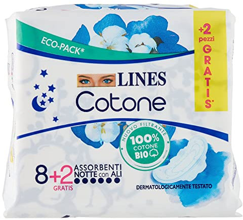 Lines Cotone by Lines Natura notte con Ali, 10 assorbenti in cotone per il giorno, Biodegradabile e Compostabile. Filtrante 100% cotone Bio delicato sulla pelle.