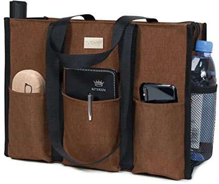 TOPDesign Utility vattentålig tygväska med 13 ytterfickor och innerfickor, dragkedja med dragkedja och tjockt bottenstöd, för arbetande kvinnor, lärare, sjuksköterskor, revisor, Brun, Large