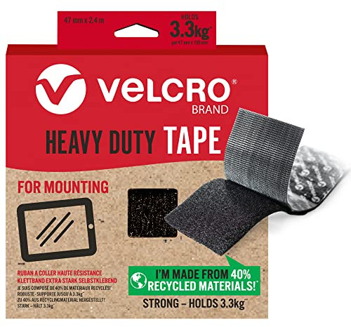 VELCRO Brand | Nastro Eco Heavy Duty | Nastro Industriale Extra Forte a Taglio su Misura con Gancio e Asola Double Face | Nero | 47mm x 2.4m