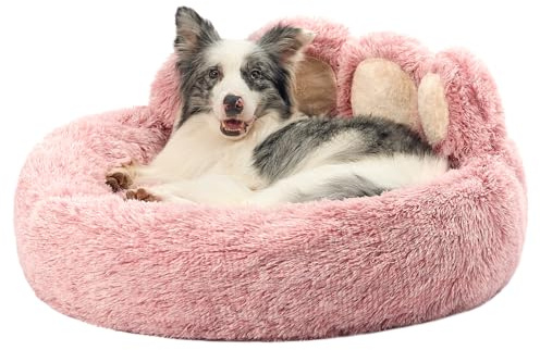 Jiupety Hundekissen Hundebett Round von Pfote Form,Beruhigendes Donut-Hundesofa für mittlere und kleine Hunde,Kunstfell-Katzenbett,bequem und weich,waschmaschinenfest, Jumbo Größe, Rosa