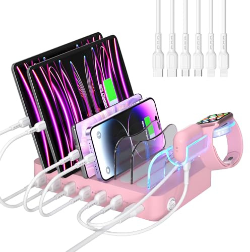 SooPii 50W 6 Port USB-Ladestation Organizer für mehrere Geräte mit 6 Kabel | Multi Ladestationen Geräte Dock für lPhone, iPad, Tablets und andere elektronische Geräte,Rosa